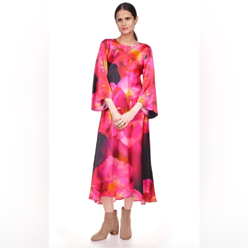 NWT JOHNNY WAS Silk Floral Bloom Placement Print 3/4 Flared Sleeve Dress - Picture 8 of 11